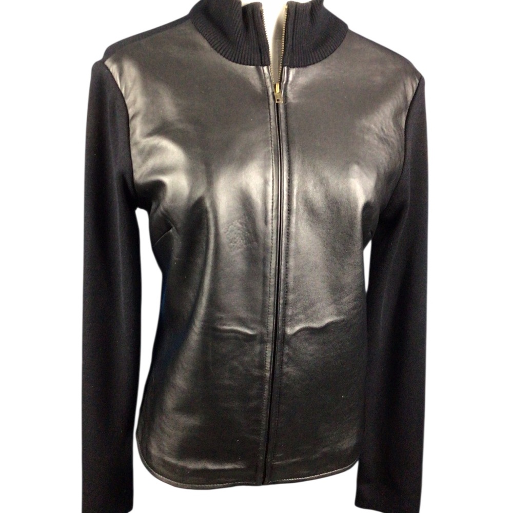 ILYSE HART LTD Black Women's Jacket Leather Front Sweater Back Sleeves Small